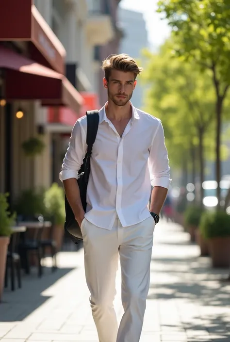 White shirt half tuck and white full pant and black bag men backpack