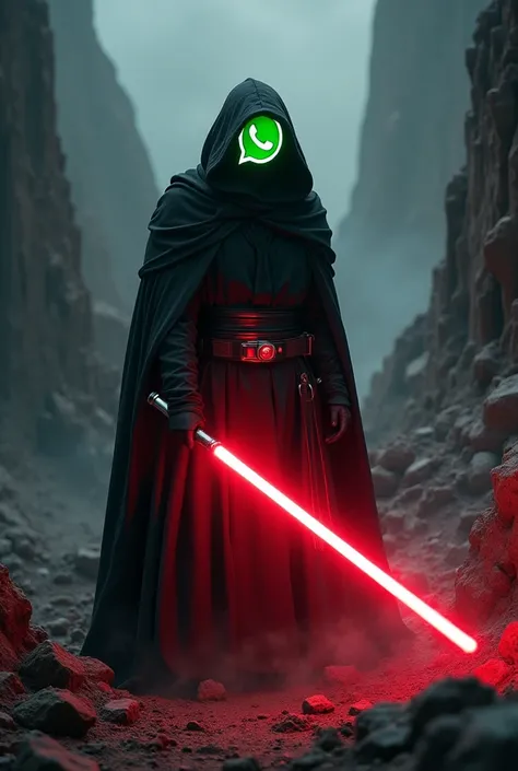 The app Whatsapp as a Sith Lord from Star Wars, colors of the app, red lightsaber, creepy, scary, ultra-realistic 