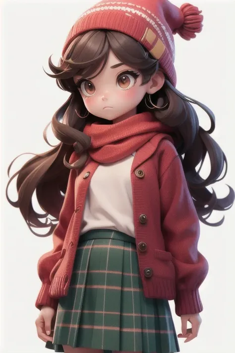 Extremely detailed, complex, masterpiece, absurd,1 Girl, Red Cliff,Bangs, Black headdress, Brown eyes, Brown hair, brown scarf, brown skirt, Cardigan, Beanie, hand holding coffee cup, Long hair, Long sleeve, Looking at the audience, open Cardigan, plaid sk...