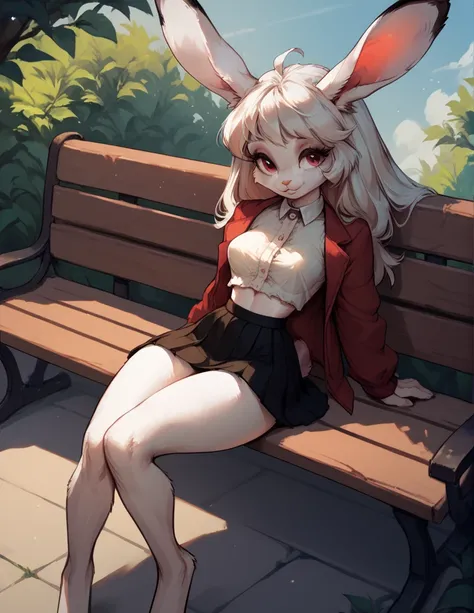 (((furry 5.0)))),Female, 18 years, cute rabbit, Female кролика,Short top,Skirt, slender body, sits on a bench, against the background of the Forrest 