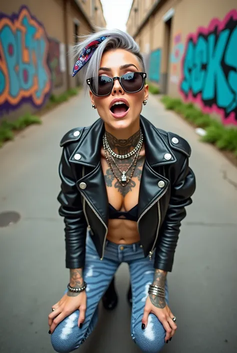 russian old milf woman, grey hair (boyish quiff, shaved sides), wearing sunglasses as (big maxi sunglasses), bandana as headband, with very light blue eyes, extremely pale. Wearing cropped padded black moto jacket with lots of zippers and badges on jacket ...