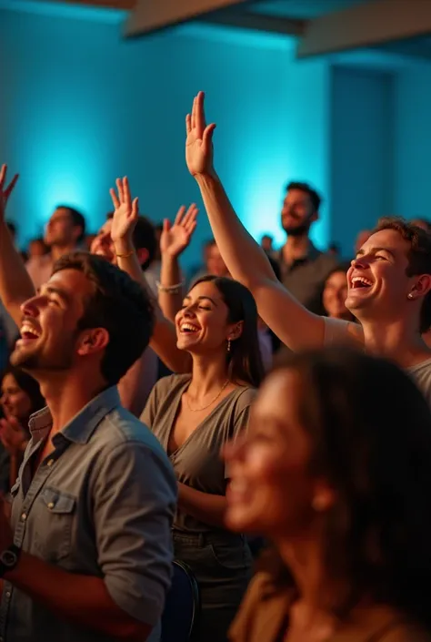 Make an image of an evangelical worship service that transmits: reception, acceptance, belonging, authenticity, hospitality and care. All this inside an evangelical church with blue walls. 