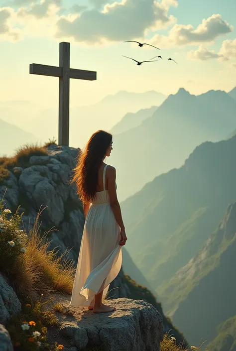 Woman looking at cross on top of mountain