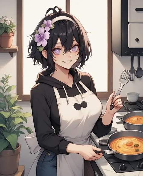 (masterpiece), expressive face, short black hair, bang between eyes, short black hair, short hair, sparking iris, sparking shaped iris, 1women, solo focused,  ribbon in hair, bangs, antenna hair, wife, cooking dinner, apron, standing, in kitchen, innocent ...