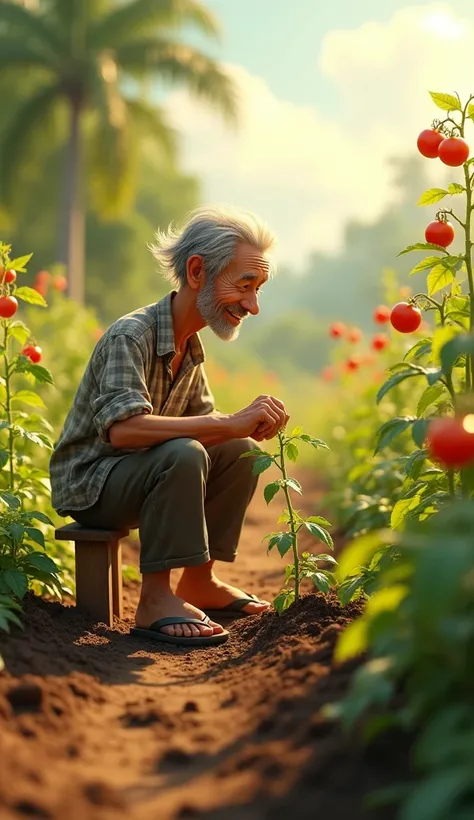 Uncle Tu is an elderly man, Lean with gray hair and tanned skin. He usually wears simple clothes like old shirts, Long pants and flip-flops. He has a gentle face, often smile beard. Sitting and planting small tomatoes, sowing each small plant down below. 3...