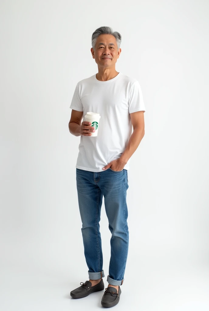 Thai man, white skin, gray hair, wear white t-shirt, blue jeans, Moccasins , white background, 4k, hold starbucks cup