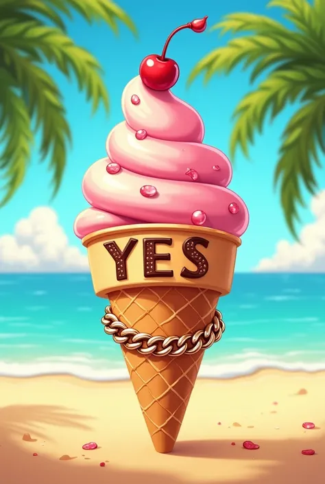 Animated cartoon ice cream cone with a Cuban chain and the letters YES marked on it 