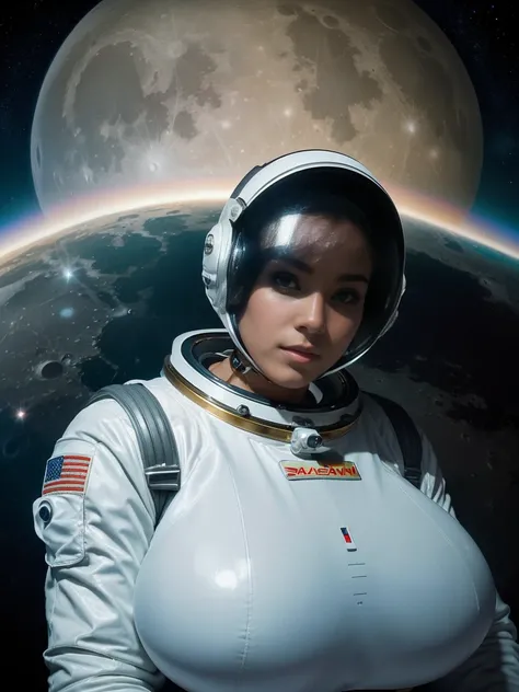 Gorgeous and sultry busty athletic (thin) astronaut with sharp facial features wearing a white space suit, opaque space helmet, gold visor, spacesuit, bodysuit, ray gun, jetpack, spaceship, 1960s, space, lunar surface, moon, earth rise, Earthrise, space, s...