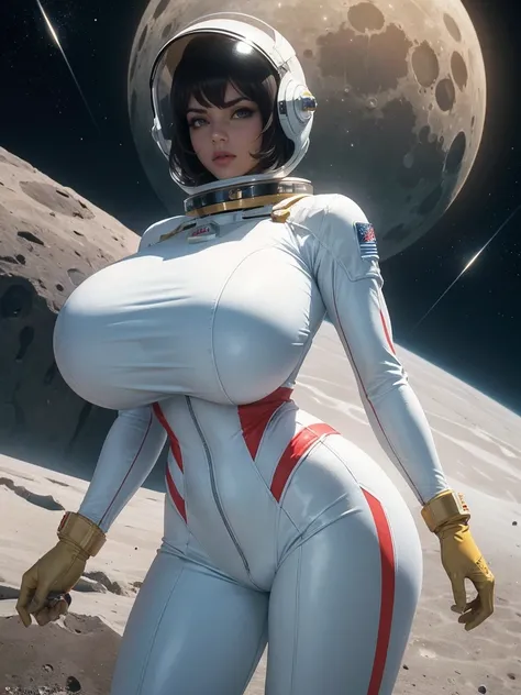 Gorgeous and sultry busty athletic (thin) astronaut with sharp facial features wearing a white space suit, opaque space helmet, gold visor, spacesuit, bodysuit, ray gun, jetpack, spaceship, 1960s, space, lunar surface, moon, earth rise, Earthrise, space, s...