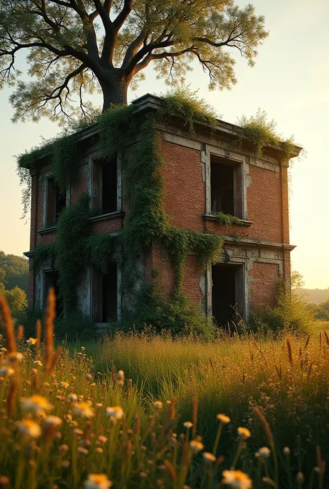 An abandoned building with a tree growing out of it 