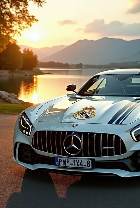 Realistic 3D photos of a white Mercedes AMG car and with some Real Madrid stickers with a landscape background and a lake  