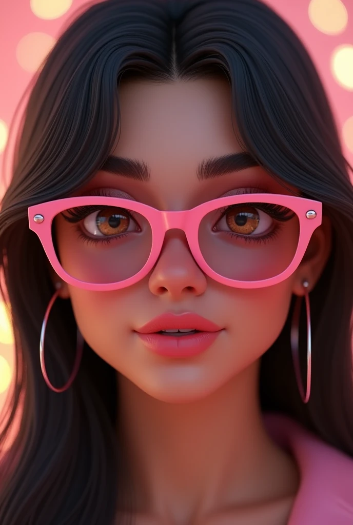 A emma myers,brown eyes,perfect eyes,black hair,close up, want to 💋 expression,,put in pink oakley glasses, 3d render
