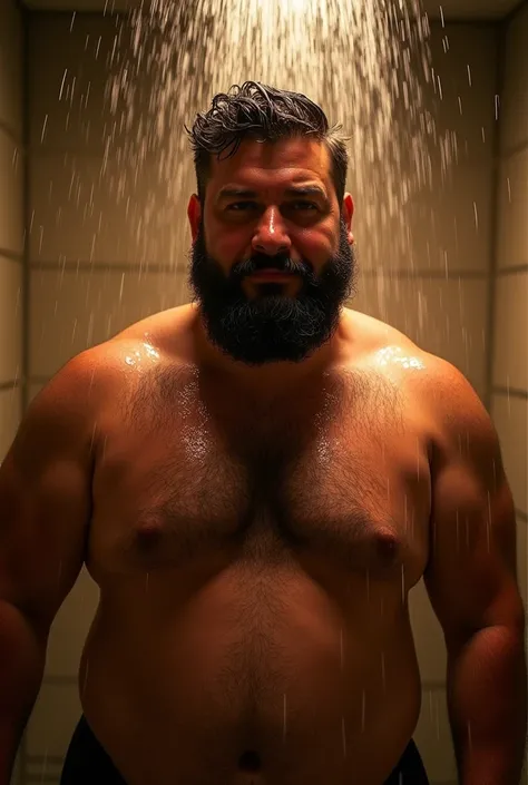 a beautiful chubby man weighing about 90kg, young man of about 30 years old, bearded, he is hairy, he is naked taking a shower, photo in a sensual pose, gay man shoot