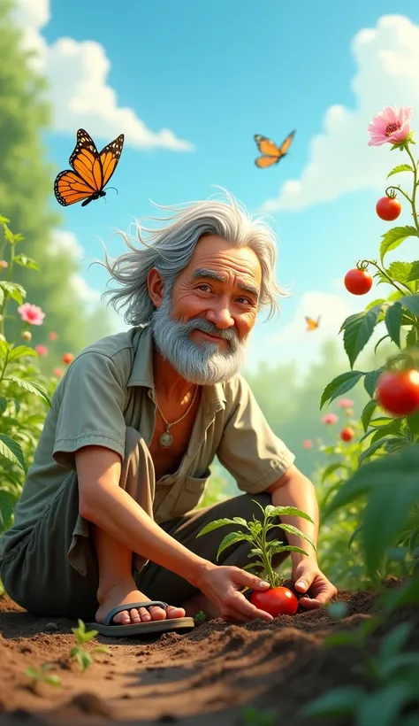 Uncle Tu is an elderly man, Lean with gray hair and tanned skin. He usually wears simple clothes like old shirts, Long pants and flip-flops. He has a gentle face, often smile beard. Sitting in the garden planting each small tomato plant in the ground 3d an...