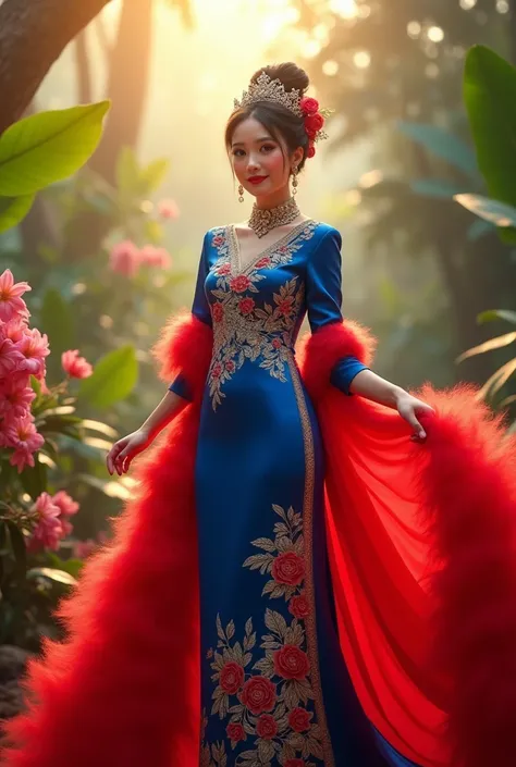 Malaysian Independence dress with a classic baju kebaya theme. Classic blue kebaya dress, red fluffy cloth, covered in red