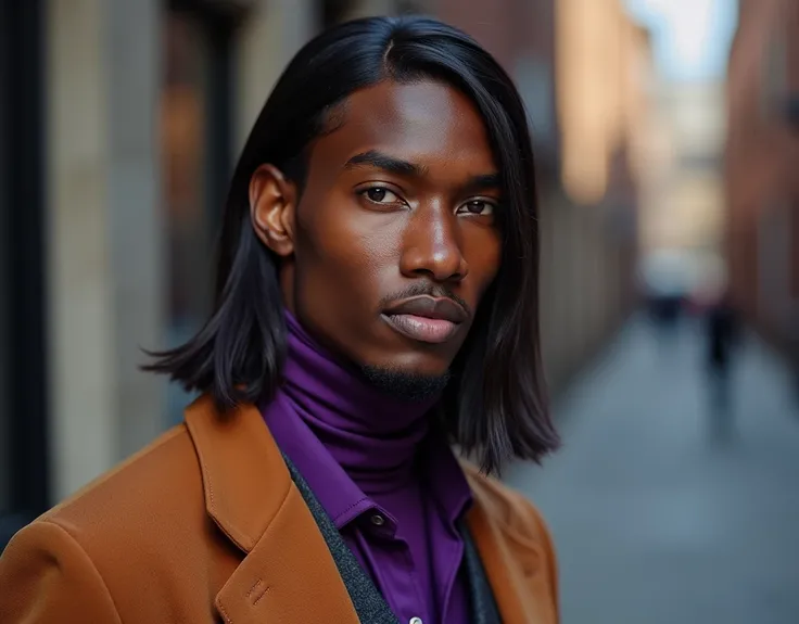 headshot of a very tall French-Nubian featured male model, straight hair parted to the side hair, toned body, ebony skin, vibrant purple eyes, tall thin toned body. Kind expression. Wearing brown and purple clothes.