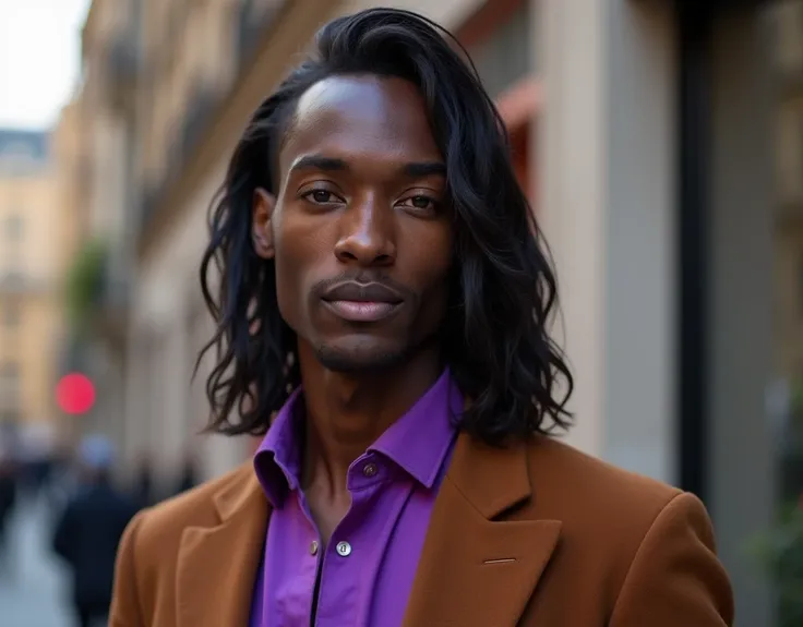 headshot of a very tall French-Nubian featured male model, straight hair parted to the side hair, toned body, ebony skin, vibrant purple eyes, tall thin toned body. Kind expression. Wearing brown and purple clothes.