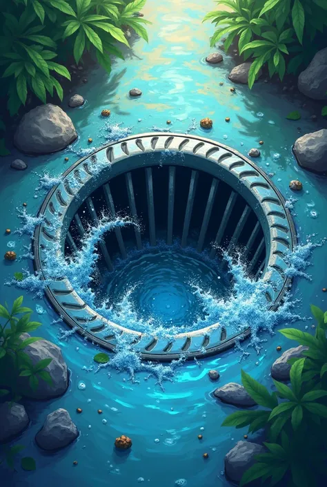 create a logo for a card game called "Going down the drain" ,  A drain in the center, wet floor and water going down the drain . This card game has the environment as its theme.