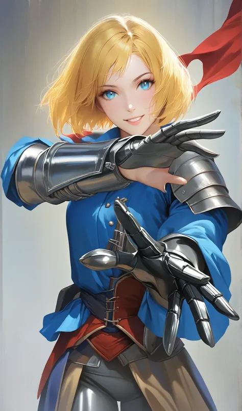 (woman), masterpiece, best quality, yellow hair, ((short hair)), blue medieval shirt, medieval armor pants, light blue eyes, realistic anime style, smiling, ((portrait)), metal gloves, smiling, extending your hand, ((ufotable style)).
