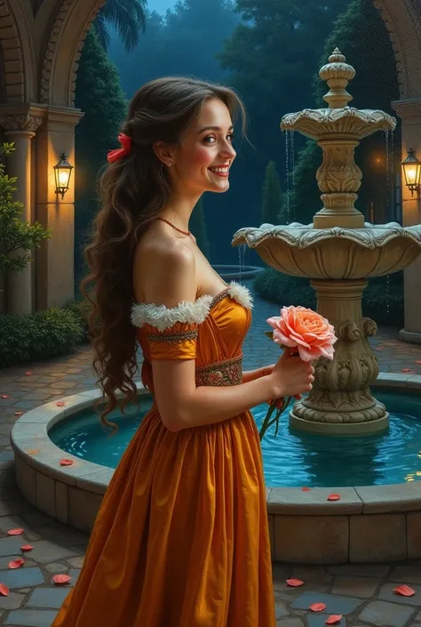 A stunning oil painting of a woman in Renaissance attire, standing in front of a grand fountain in a tranquil courtyard during dark night. She is holding a flower and smiling, with the soft light from nearby lanterns casting warm shadows on her face and he...