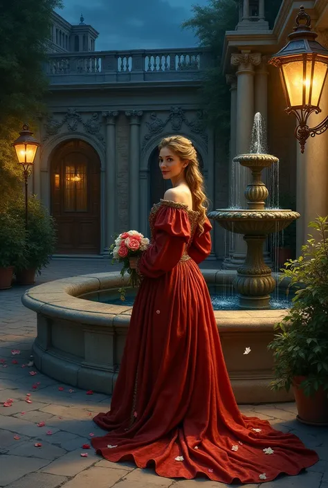 A stunning oil painting of a woman in Renaissance attire, standing in front of a grand fountain in a tranquil courtyard during dark night. She is holding a flower and smiling, with the soft light from nearby lanterns casting warm shadows on her face and he...