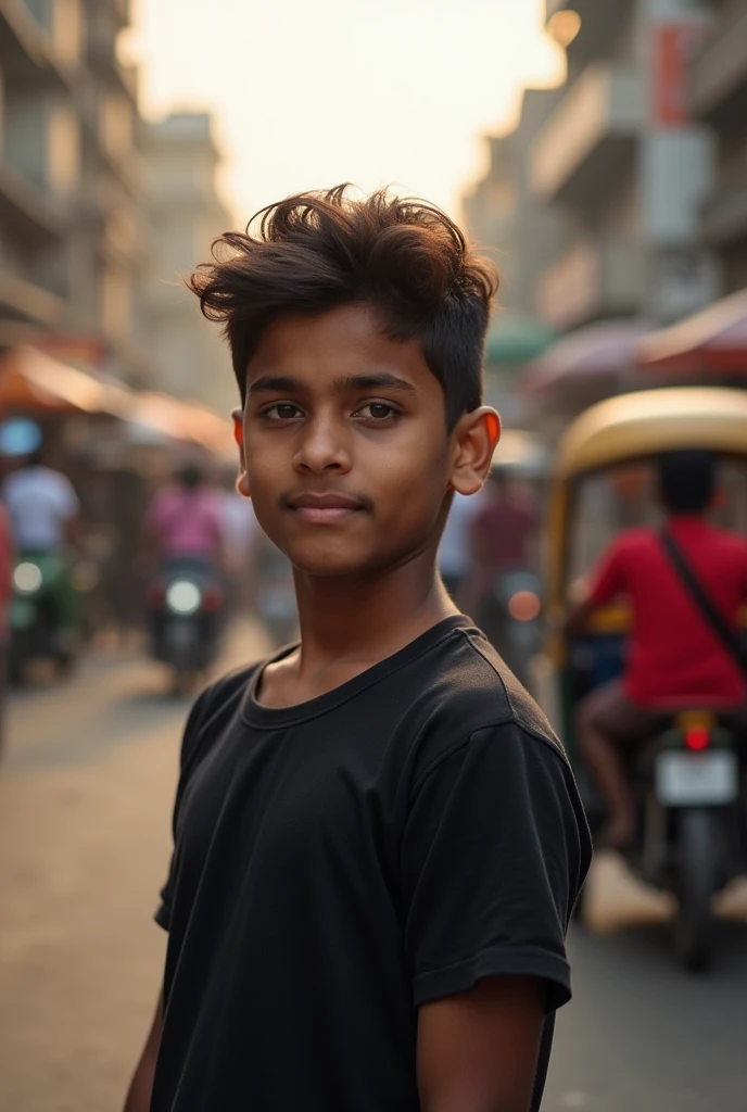 A cute 20 years old indian boy , photoshoot , model pose , rough dry face skin   , black tshirt ,   at indian city 