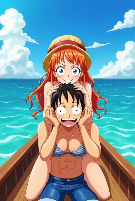 One-piece nami sitting on sanjis face

