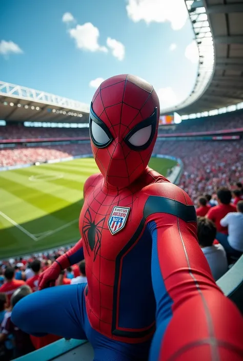 Photo of Spiderman wearing the Barranquilla junior team shirt taken with a Go Pro camera in a stadium
