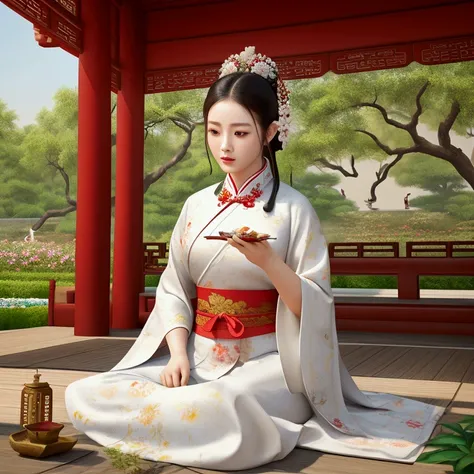 Create a photorealistic image that depicts a woman in ancient Chinese Tang dynasty attire sitting in a pavilion located in the middle of a flower garden within an imperial palace. The woman is engaged in the act of painting a white tiger.