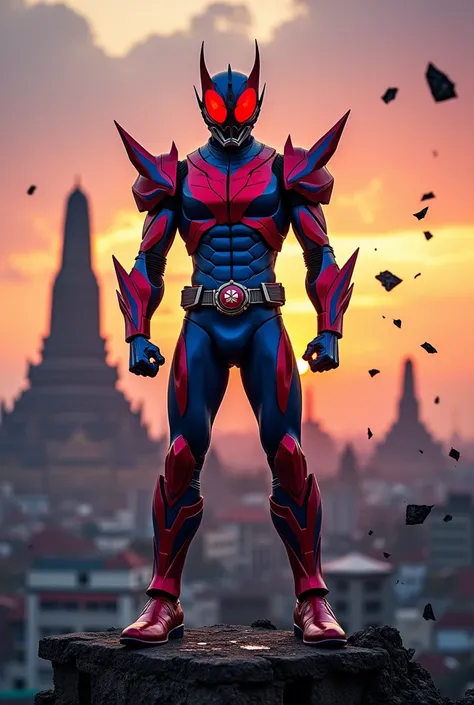 Kamen Rider, his costume color is inspired by the energy drink Red Bull. He stands on a ruined building with Wat Arun in the background.