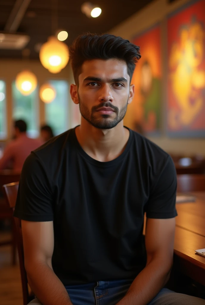 A handsome 20 years old indian boy , photoshoot , model pose , rough dry face skin   , black tshirt , at restaurant 