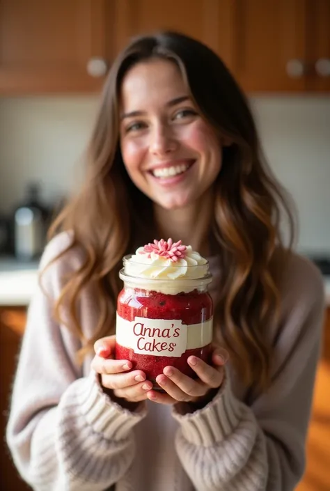 create a realistic and detailed jar cake in perspective with someone holding it,with the label written "Anna&#39;s cakes"