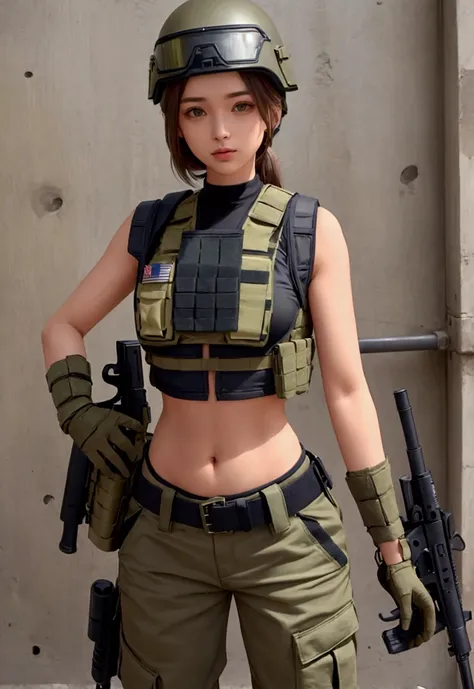 girl in crop top military bulletproof vest , military green cargo pants, belt, military helmet, tactical, (open navel),