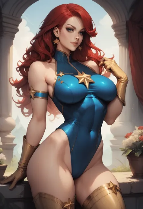 score_9, score_8_up, score_7_up, score_6_up, score_5_up, score_4_up, sexy, superheroine, red hair, long hair, busty, ((blue high...