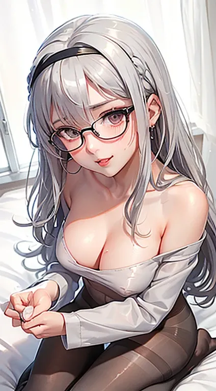 1Girl, 24 years old, Solo, Anime, Ideal body, (Cleavage, (Small breast:1.1), (Hard nipples:1.1). Beautiful, Gorgeous, Fresh, Flesh, Blunt Bangs, (White Grey Hair:1.5), (Straight and Wavy Long Hair:1.3), (Grey White Casual:1.5), Shirt, Cloth, Dating, (Sexy ...