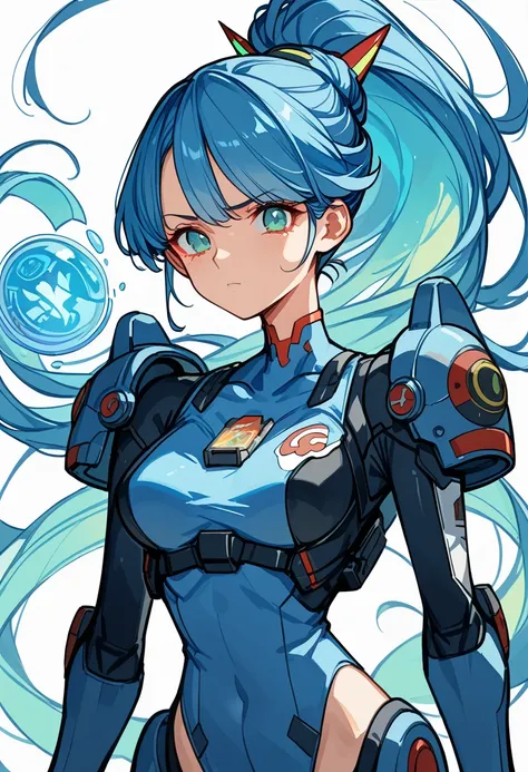 ((Holographic glow effect))、Blue Hair、Masterpiece、Best Quality、1 person、Medium breast、((Album cover))、Light on Face、Slim Body、Blue Costume、Exoskeleton、metal Gear、Cyberpunk Style、ponytail、The Gundam pilot、attention arousal，Ride a fighter