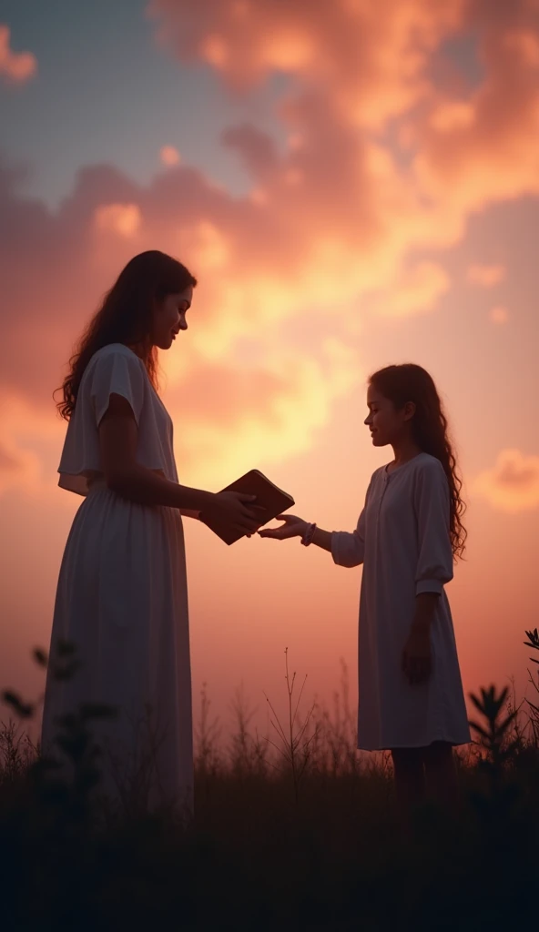 Ultrarealistic 8k Image, "A person with an outstretched hand, offering a Bible to another person in front of you. No fundo, a sky at dusk, with clouds tinged with pink and gold, symbolizing hope and the passing of the divine message from one person to anot...