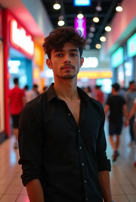 A handsome 20 years old indian boy , photoshoot , model pose , rough dry face skin   , black shirt , at mall 