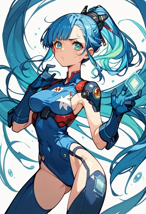 ((Holographic glow effect))、Blue Hair、Masterpiece、Best Quality、1 person、Medium breast、((Album cover))、Light on Face、Slim Body、Blue Costume、Exoskeleton、metal Gear、Cyberpunk Style、ponytail、The Gundam pilot、attention arousal，Ride a fighter