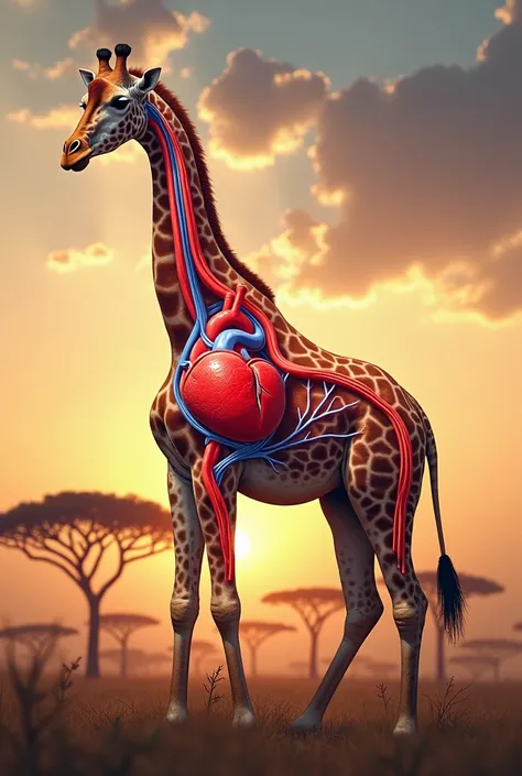 Create an anatomical illustration of a giraffe, highlighting its large, powerful heart. The image should show the heart’s size and its ability to pump blood all the way up the giraffe’s long neck to its brain.