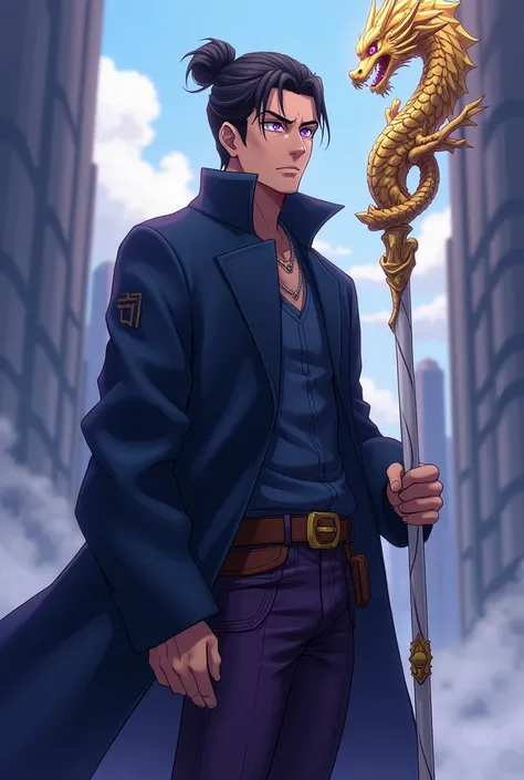 Faça um homem de dungeons and dragons, he is in an anime style, similar to attack on titan, this man is 22 years old, your eyes are light purple, he has a bun style hair, he wears a dark blue overcoat, your pants are dark purple almost black, he has a whit...