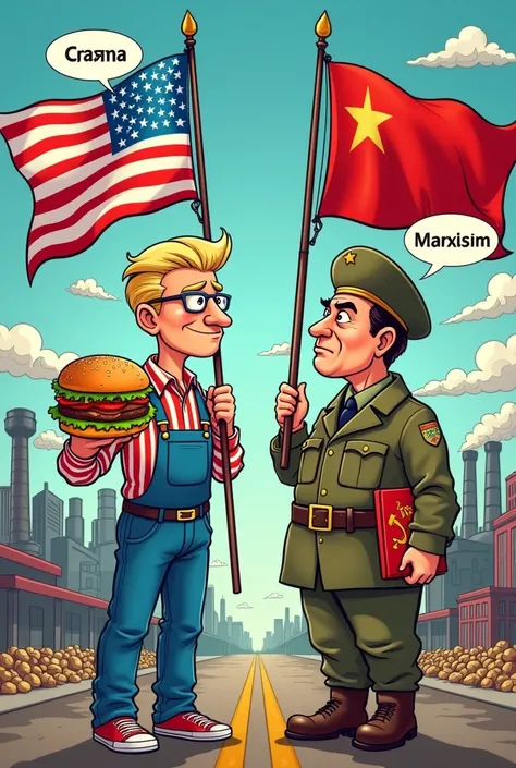 Create a cartoon about the Cold War, containing ideologies of the USA and the USSR
