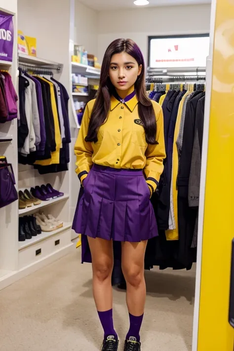 Purple and yellow minimarket uniform
