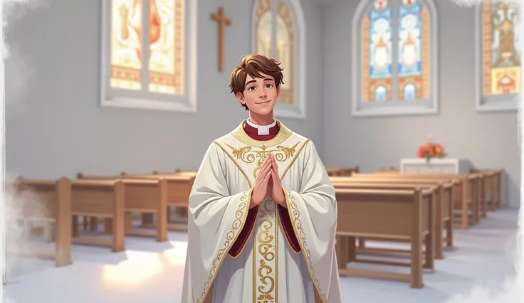 digital illustration, A young brown-haired Catholic priest, calvo, celebrating mass, bright brown eyes, smiling, open frame, whole body. drawing style, details about clothes. angelic beauty, Church background pastel tones.