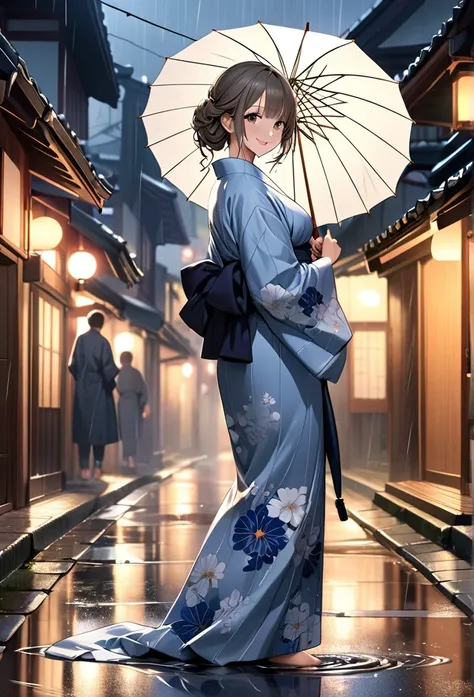 Ultra-realism、One person, High resolution, chest, Hair color: Greige、

background: Showa era Kyoto with its nostalgic streetscape、Puddles on the pavement after the rain、Reflecting street light, female figure: beautiful girl、Wearing a yukata、With a gentle s...