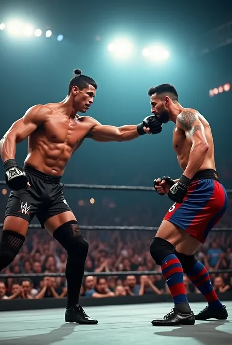 Wwe championship .cristiano ronaldo, muscular male fighter, wwe wrestler, powerful punch, messi, male soccer player, iron chair, action scene, dynamic pose, dramatic lighting, cinematic style, gritty texture, high contrast, intense colors, photorealistic