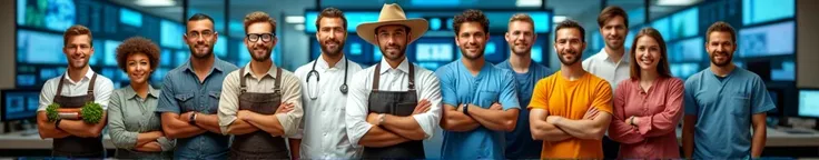 I created a banner with real people in 8k with professions like: teacher, farmer, chef, cattle rancher, doctor, janitor, Trader, Healthcare Worker, an image with a background that brings technology and current affairs that shows the diversity of profession...