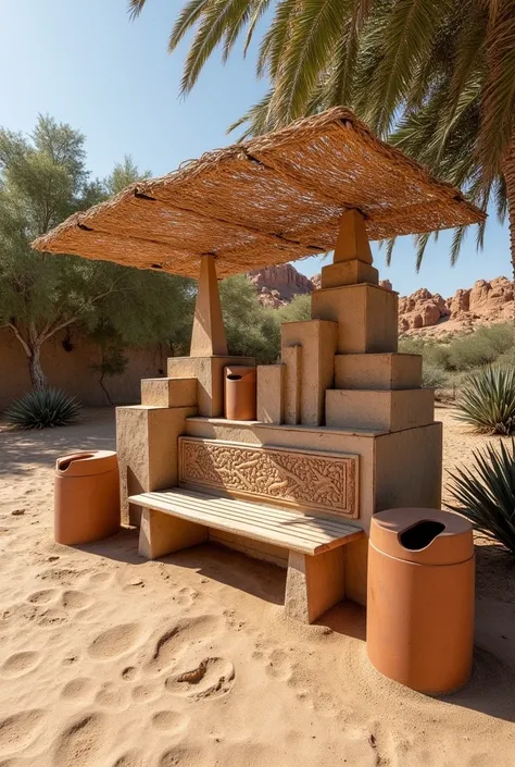 CREATE A PUBLIC BENCH TAKING AS A REFERENCE THE ACAPANA PARAMIDE, INCREASE TRASH CANS AND SOMETHING TO SHADE FROM THE SUN WITH A RUSTIC STYLE IN A DESERT CLIMATE