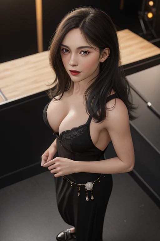 high resolution,absurderes,work of art,best qualityer,original,extremely detailed CG,extremely detailed wallpaper,perfect lighting,standing on stage,nblurry background,(From  above),looking ahead at viewer,
sofia,