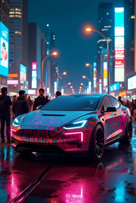 Tesla Cyber Truck,Cybertruck stopped on the highway, with cyberpunk graffiti on the body, bright and colorful background, neon luzes at night, people looking